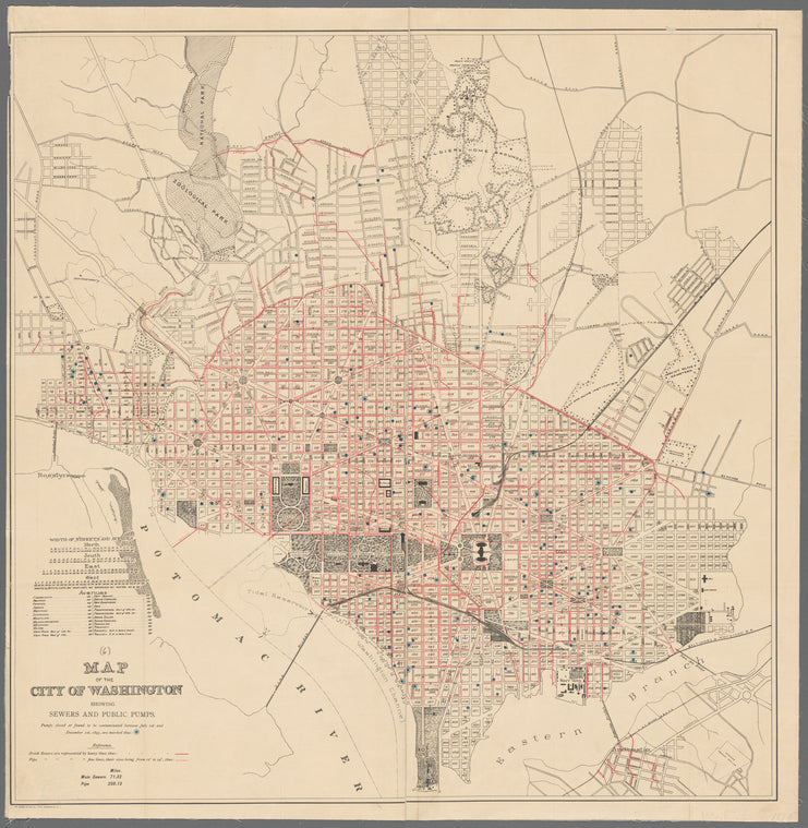 Map of the city of Washington showing sewers and public pumps