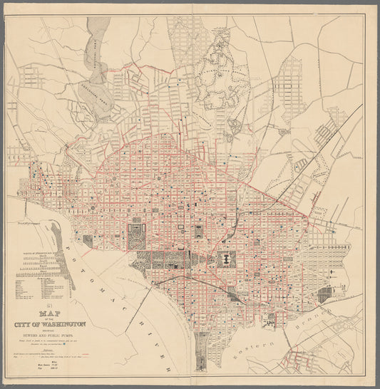 Map of the city of Washington showing sewers and public pumps