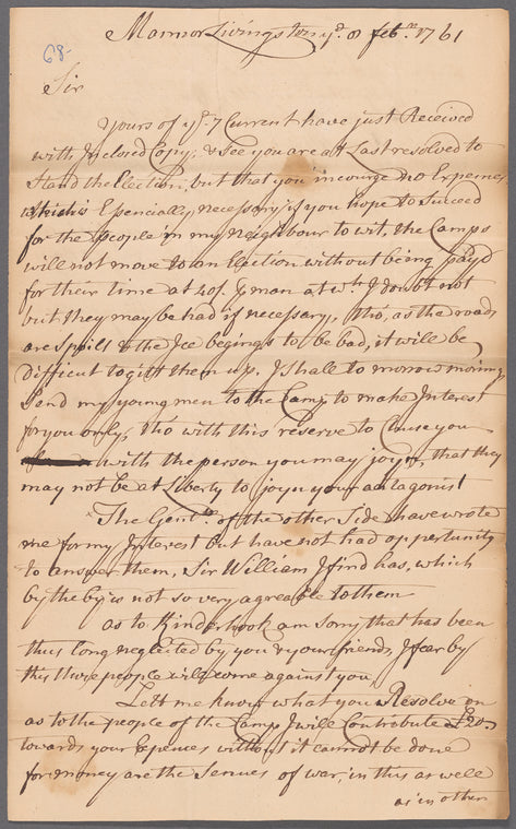 Livingston, Robert, Junr., addressed to Abraham Yates Junr. Esqr. at Albany