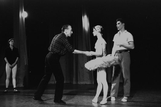 New York City Ballet production of "Swan Lake" with George Balanchine rehearsing Melissa Hayden and Jacques d'Amboise, choreography by George Balanchine (New York)