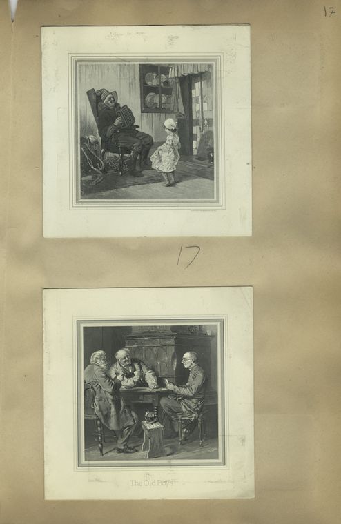 Cards depicting a man playing an accordion and a girl dancing and a card entitled 'The old boys'.