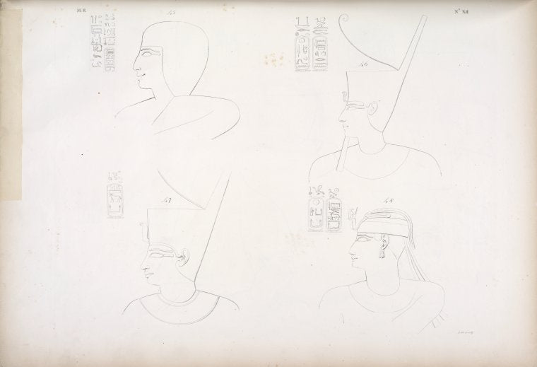 Fig. 45. Usciôpt [Shoshenq]. Fig. 46. Osorkon II. Fig. 47. Sciabak [Shabaka]. Fig. 48. Sciabatok [Shebatko].