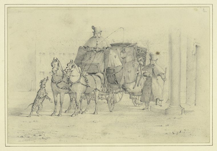 Coach with driver, passengers, and dog barking