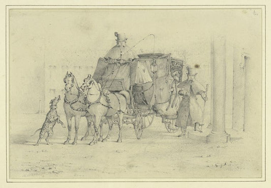 Coach with driver, passengers, and dog barking