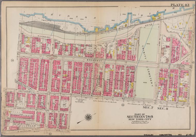 Plate 43: Bounded by Hudson River (Riverside Drive), W. 158th Street, Amsterdam Avenue, W. 147th Street, St. Nicholas Avenue, W. 141st Street, Amsterdam Avenue, and W. 142nd Street.