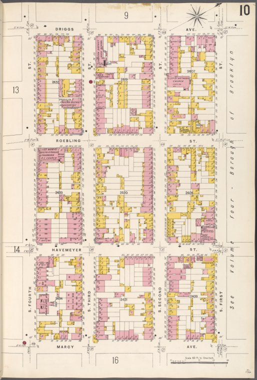 Brooklyn V. 3, Plate No. 10 [Map bounded by Driggs Ave., S.1st St., Marcy Ave., S.4th St.]