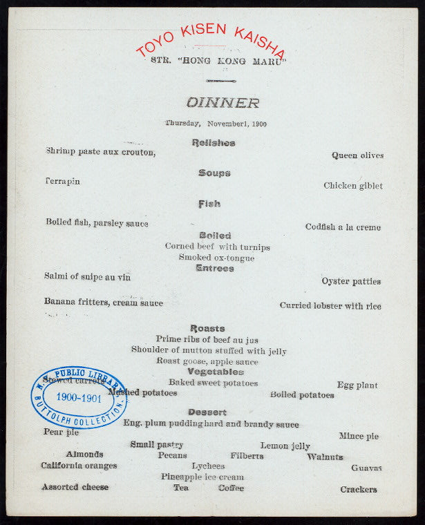 DINNER [held by] TOYO KISEN KAISHA [at] EN ROUTE ABOARD HONG KONG MARU (SS;)