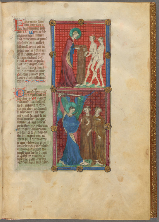 Two miniatures:  God making clothing for Adam and Eve, and the Expulsion from the Garden.  With text, initials, linefiller, placemarkers