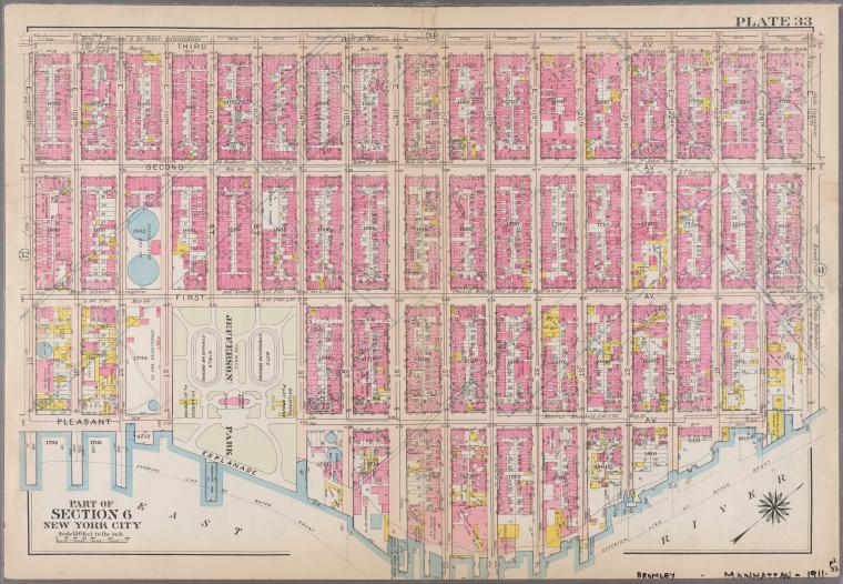 Plate 33: Bounded by Third Avenue, E. 125th Street, First Avenue, E. 124th Street, [East River, Exterior Line of Water Grant], Pleasant Avenue, and E. 125th Street.]