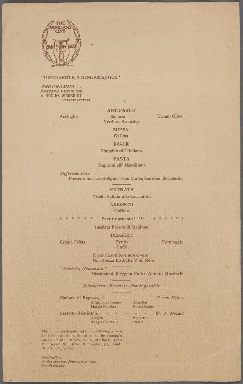 Dinner menu, The Musicians Club of San Francisco at Martinelli's