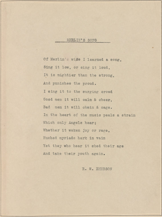 "Merlin's Song." Holograph poem, unsigned, undated
