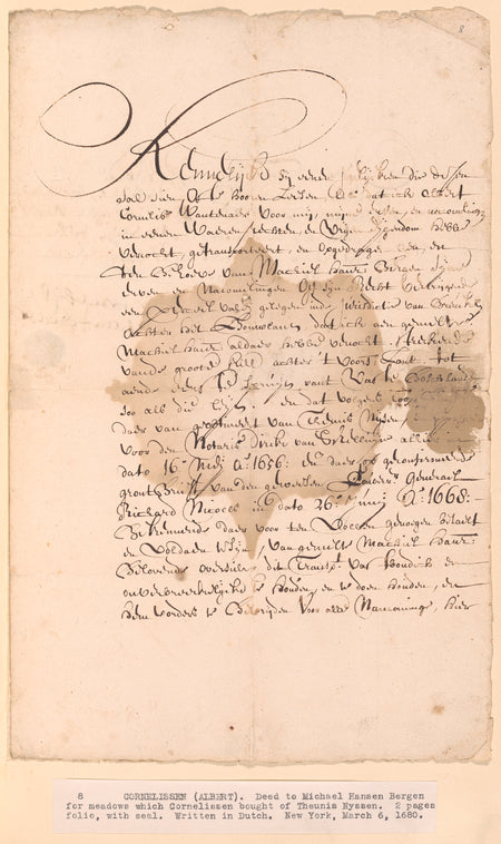 Deed of Michael Hansen Bergen for meadows which Albert Cornelissen bought from Theunis Nyssen