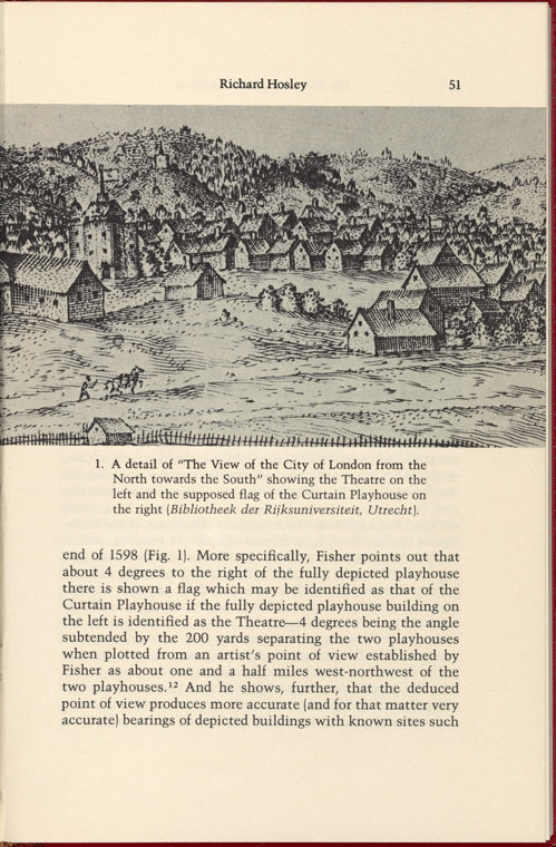 A detail of "The View of the City of London from the North towards the South" showing the Theatre on the left and the supposed flag of the Curtain Playhouse on the right