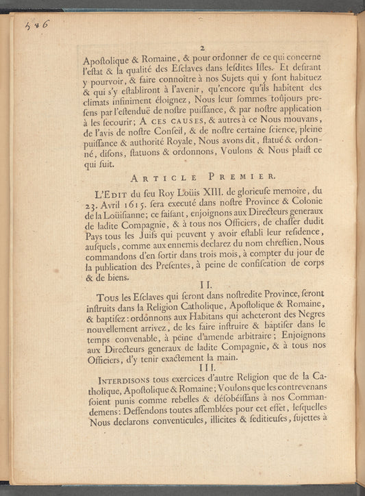 Le code noir ou Edit du roy: servant de reglement pour le gouvernement & l'administration de la justice, police, discipline & le commerce des esclaves negres, dans la province & colonie de la Loüisianne. Donné à Versailles en mois de mars 1724