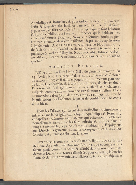 Le code noir ou Edit du roy: servant de reglement pour le gouvernement & l'administration de la justice, police, discipline & le commerce des esclaves negres, dans la province & colonie de la Loüisianne. Donné à Versailles en mois de mars 1724