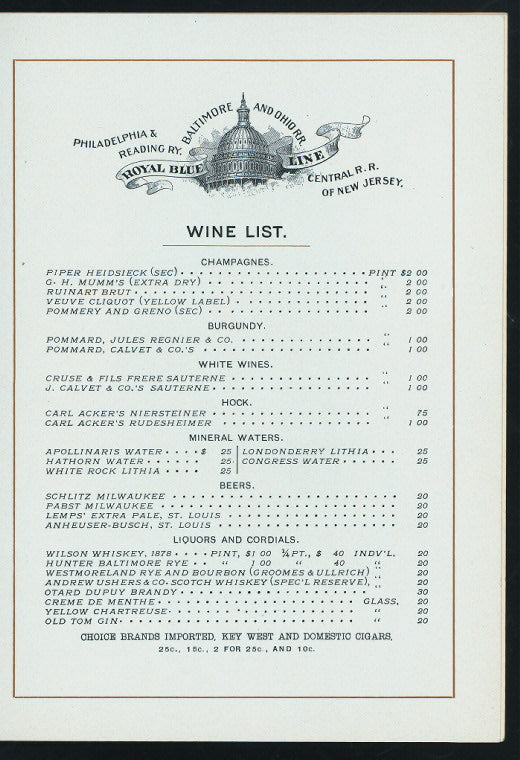 THANKSGIVING DAY DINNER [held by] BALTIMORE & OHIO R.R. [at] """ROYAL LIMITED, THE"" - ""FINEST DAYLIGHT TRAIN IN THE WORLD"" EN ROUTE WASHINGTON, BALTIMORE, PHILADELPHIA, NEW YORK---CAR ""WALDORF""" (RR;)