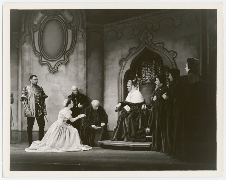 Paul Robeson (Othello), Uta Hagen (Desdemona), Averell Harris, Victor Thorley, and unidentified others in the stage production Othello