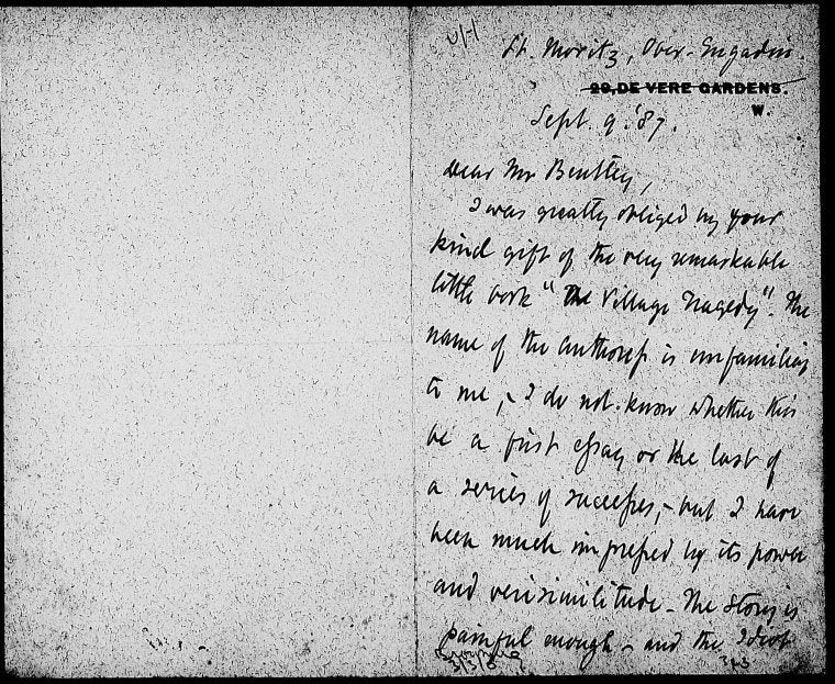 Bentley, Geo. ALS to. Mentions Margaret L. Woods' A village tragedy.