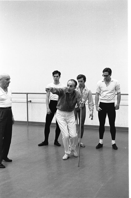 New York City Ballet Company rehearsal of "Harlequinade" with Michael Arshansky and George Balanchine, choreography by George Balanchine (New York)