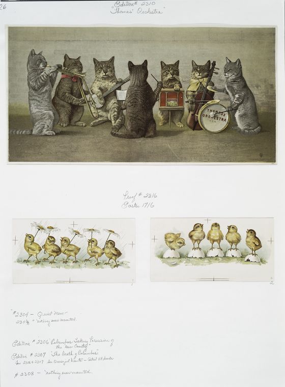 Easter cards depicting chicks using flowers as umbrellas and standing on egg shells; a print entitled 'Thomas's Orchestra' depicting a cat orchestra.