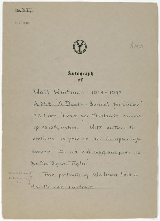 "A Death-Sonnet for Custer." Holograph poem, undated, signed.