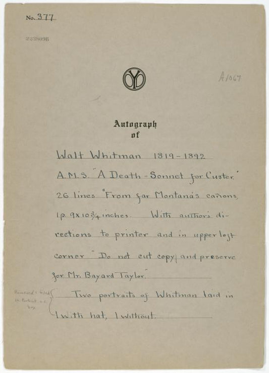 "A Death-Sonnet for Custer." Holograph poem, undated, signed.