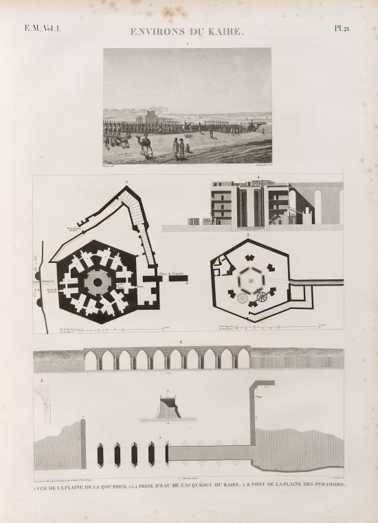 Environs du Kaire [Cairo]. 1. Vue de la plaine de la Qoubbeh; 2-4. Prise d'eau de l'aqueduc du Kaire; 5-8. Pont de la plaine des pyramides.