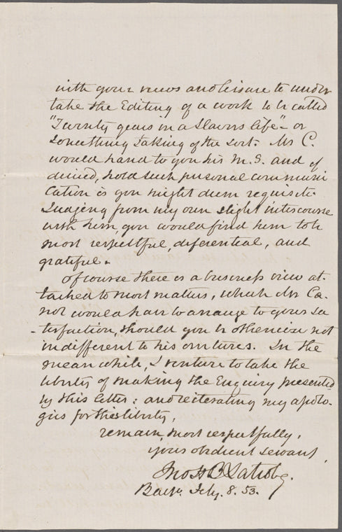 Latrobe, John H. B., ALS to NH. Feb. 8, 1853.