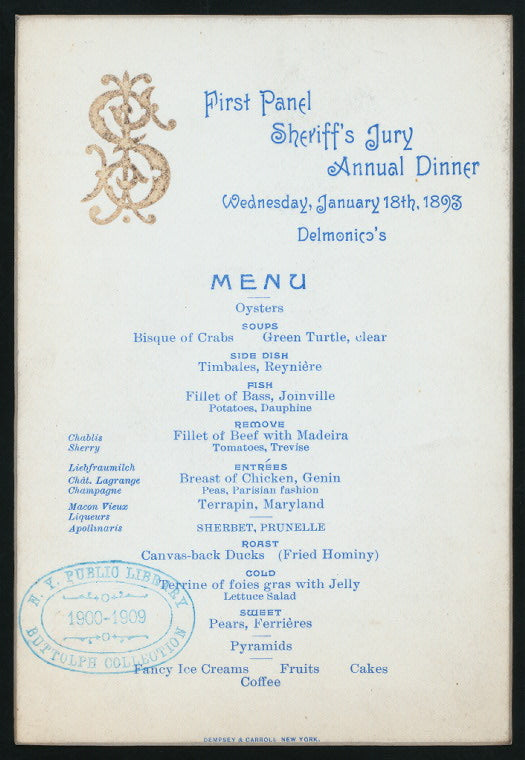 ANNUAL DINNER [held by] FIRST PANEL SHERIFF'S JURY [at] "DELMONICO'S, NEW YORK, NY" (HOT;)