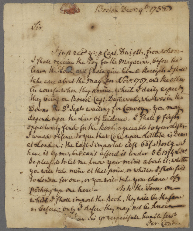 Letter to Joseph Hawley from Boston bookseller Jeremiah Condy, 1758 December 9