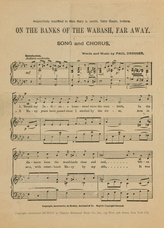 On the banks of the Wabash, far away : song and chorus