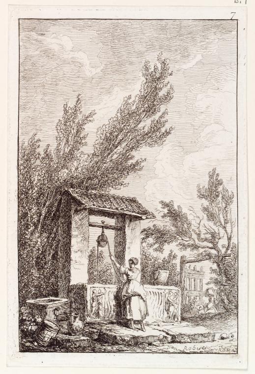 Woman drawing water from a stone well
