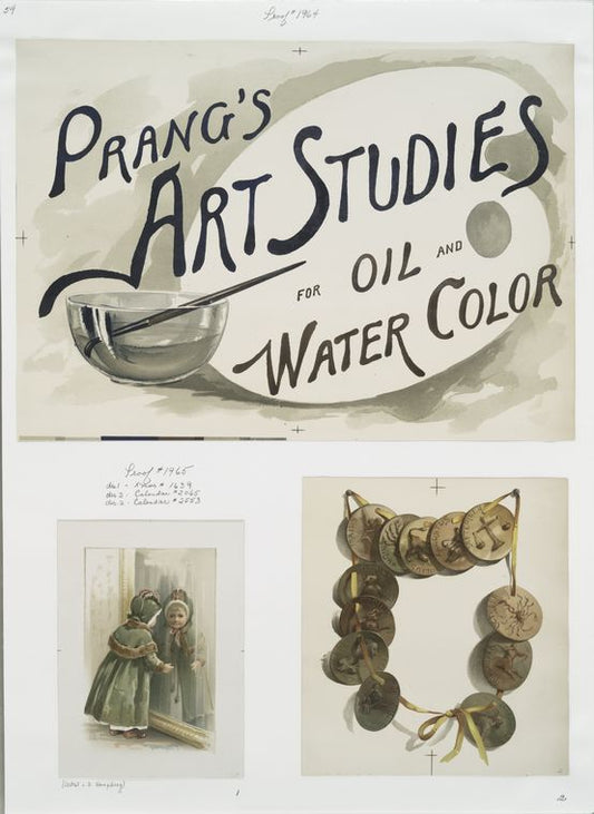 Calendar, Christmas card and poster with the words 'Prang's art studies for oil and water color'; depicting a girl looking in a mirror, a string of twelve medallions each representing a month, a palette, paintbrush and bowl of water.