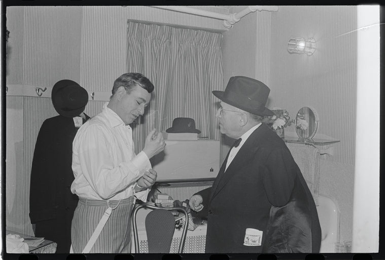 Shelley Berman and unidentified on opening night of the stage production A Family Affair