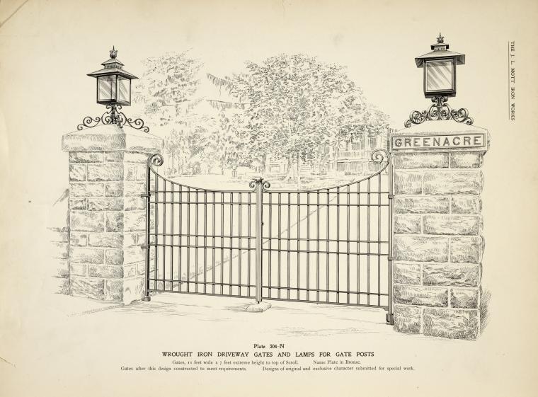 Wrought iron driveway gates and lamps for gate posts. [Plate 304-N].