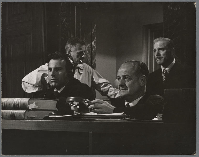 Maximillian Schell (left), Stanley Kramer (with cigarette), and Burt Lancaster (right). Judgement at Nuremberg movie set.