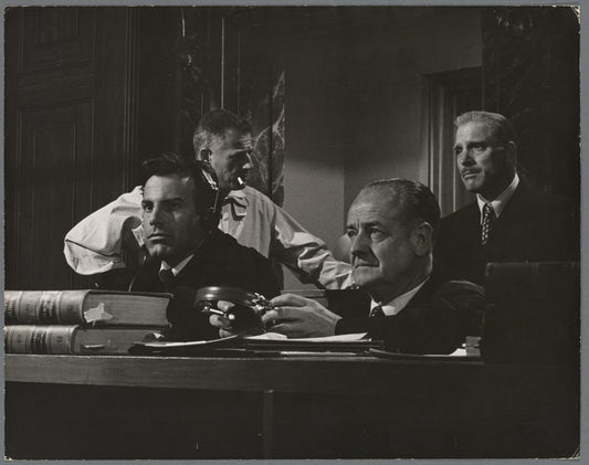 Maximillian Schell (left), Stanley Kramer (with cigarette), and Burt Lancaster (right). Judgement at Nuremberg movie set.