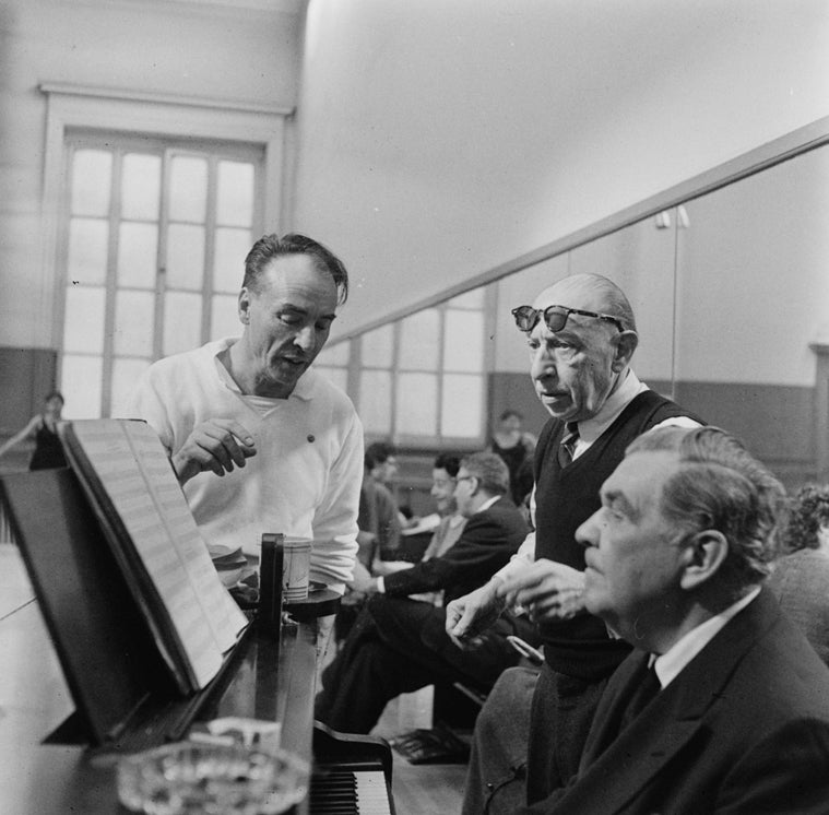 (L-R) Choreographer George Balanchine and composer Igor Stravinsky with pianist Nicholas Kopeikine at rehearsal of New York City Ballet production of "Agon" (New York)