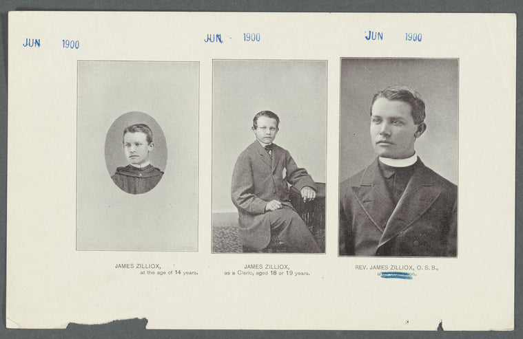 James Zillox, at the age of 14 years. James Zillox, as a cleric, aged 18 or 19 years. Rev. James Zillox, O.S.B., after ordination
