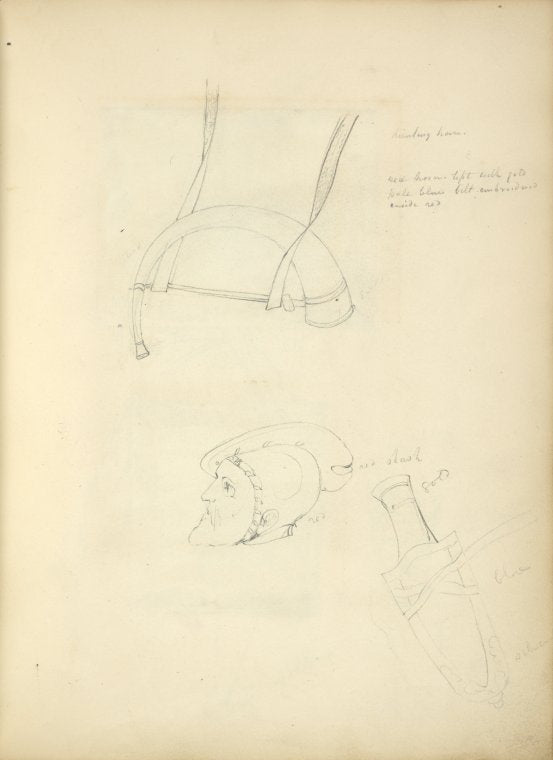Horn, a man's head, and a knife in a sheath