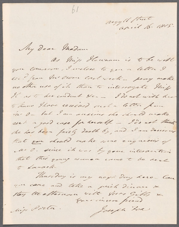 Joseph Fox to Miss Porter, autograph letter signed