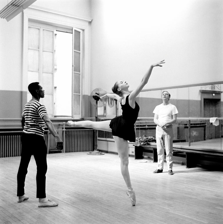 New York City Ballet rehearsal of "Arcade" with Arthur Mitchell, Suzanne Farrell and John Taras, choreography by John Taras (New York)