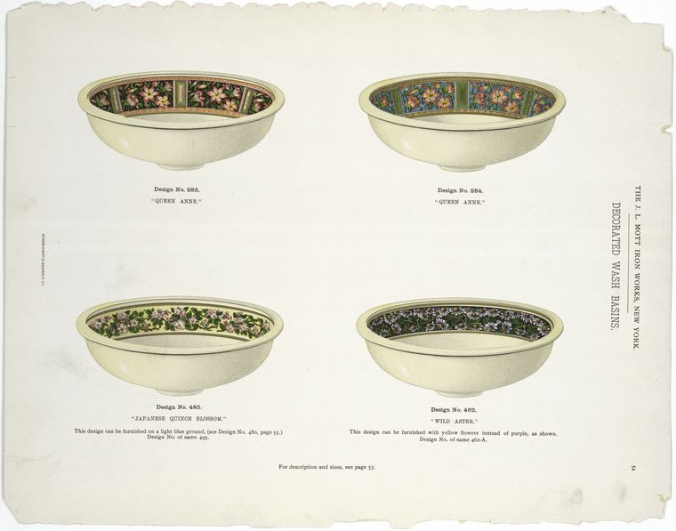 Decorated wash basins. Queen Anne, Japanese quince blossom and Wild aster.