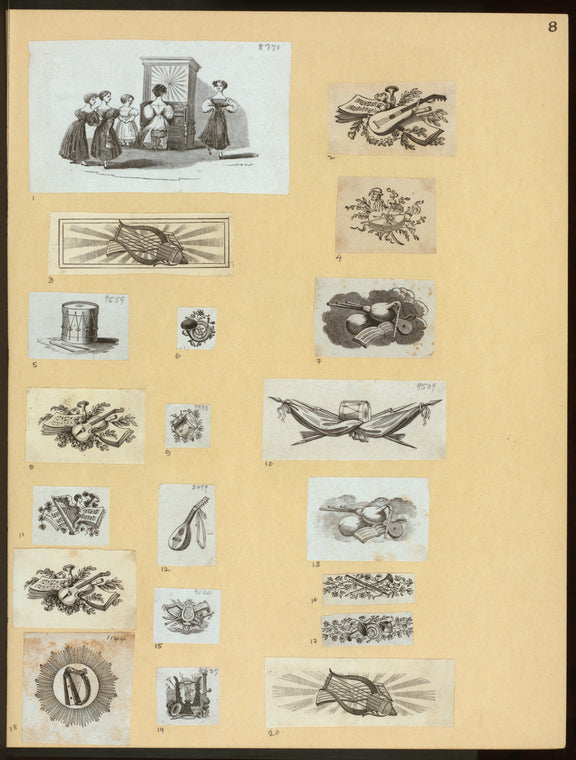 Violins, harps, lutes, and symbols of music.