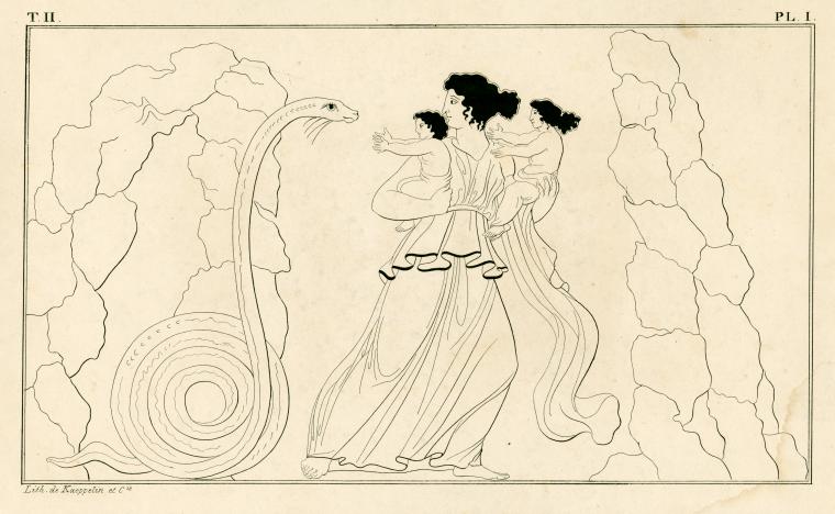 Latona, carrying the infants Apollo and Diana, flees from Python, issuing from a cave