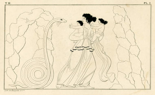 Latona, carrying the infants Apollo and Diana, flees from Python, issuing from a cave