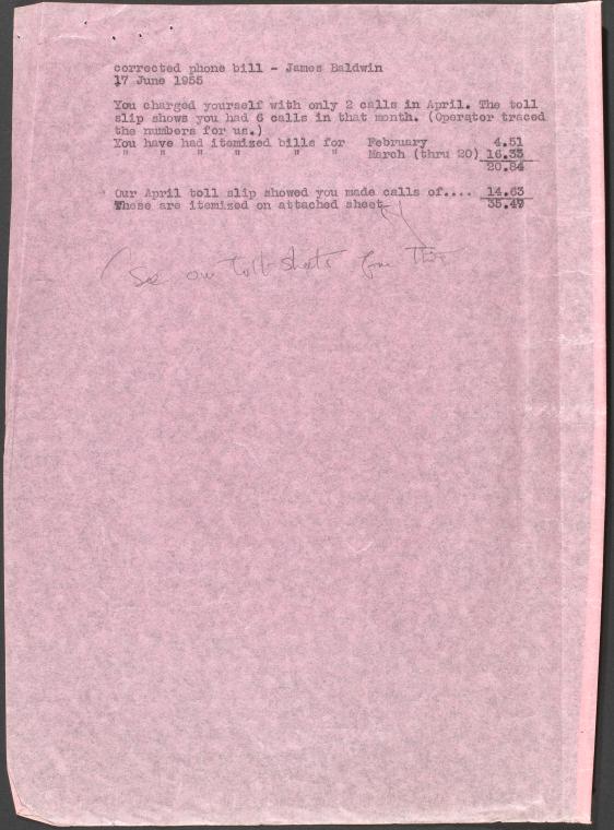 Itemized phone bill, June 17, 1955