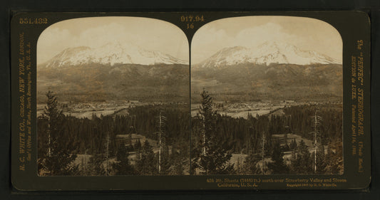 Mt. Shasta (14440 ft.) north over Strawberry Valley and Sisson California, U.S.A.