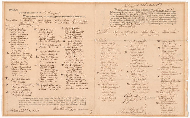 Official document containing lists of persons licensed as inn-holders and retailers of liquor in the town of Newburyport, Mass. dated September 1, 1813 at Salem and October 2, 1813 at Newburyport