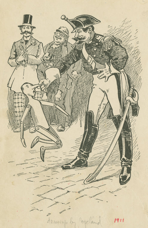 The soldier, scarcely moving his body, seized the marionette by the nose